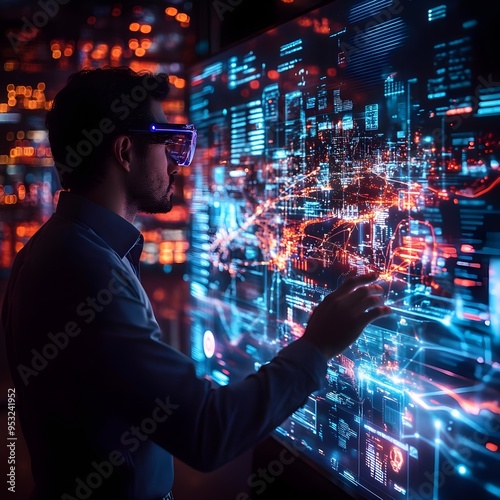 Man Using VR Glasses to Analyze Data on Large Screen