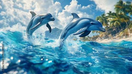 Digital Dolphin Dance: Hyper-Realistic Pod Leaping in Cinematic Ocean Waves Video Game Style Poster Design photo