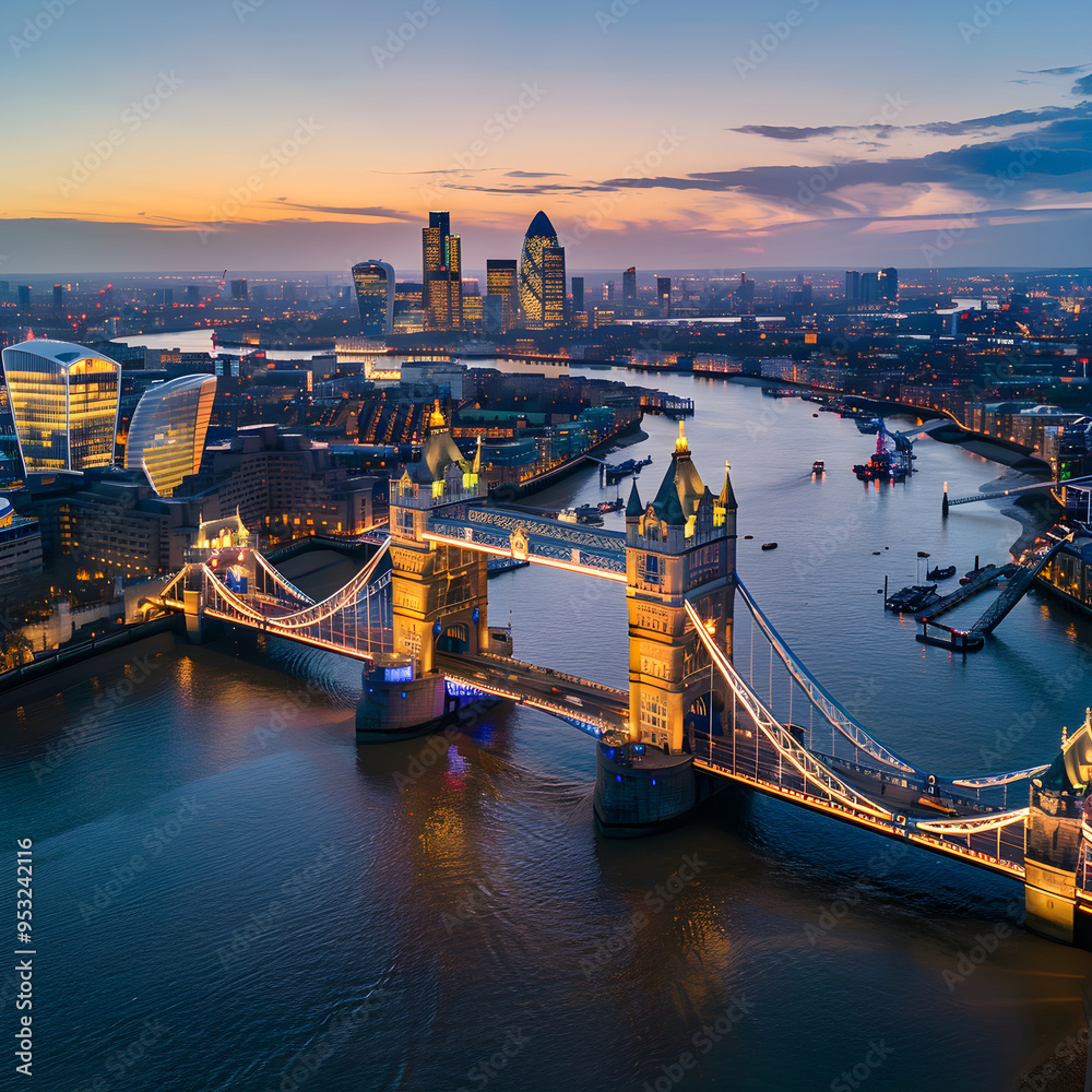 Fototapeta premium Aerial view of the illuminated tower bridge and skyline of london, uk, at sunset