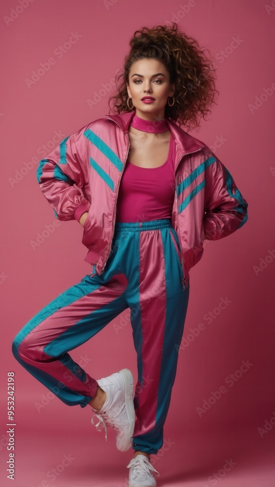 A woman in a pink and blue outfit poses for a photo A woman in a pink and blue outfit poses for a photo