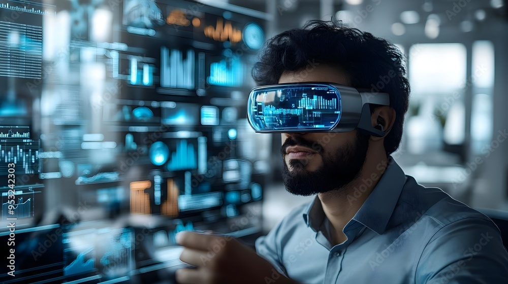 Man Using VR Headset for Data Analysis and Visualization Man Using VR Headset for Data Analysis and Visualization