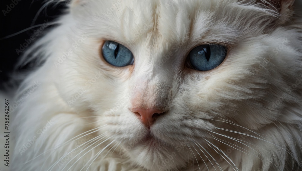 A white cat with green eyes is sitting in front of a black background A white cat with green eyes is sitting in front of a black background