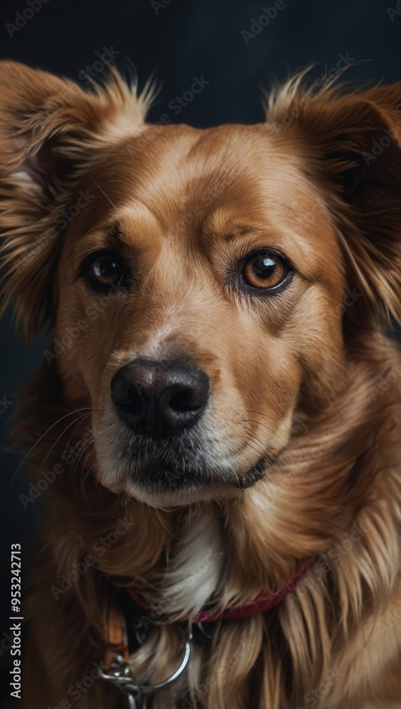 A brown dog with a red collar is staring at the camera A brown dog with a red collar is staring at the camera