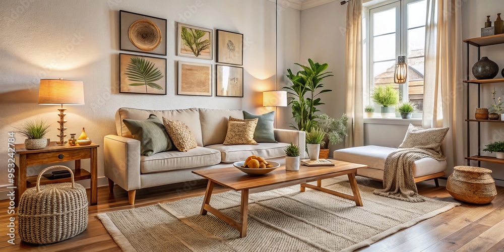 Cozy Sanctuary intimate morning illumination soft beige sofa chunky woven rug eclectic art pieces invitingly arranged around petite wooden coffee table
