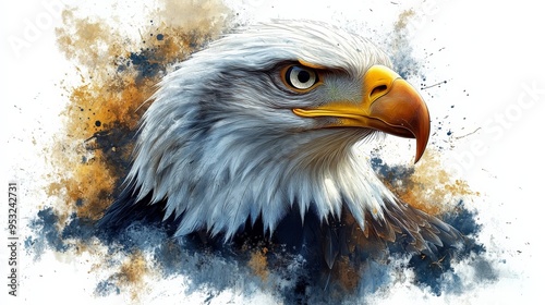 Eagle Portrait in Abstract Splash:  A majestic bald eagle's portrait is captured in a vibrant abstract splash of color, evoking strength, freedom, and resilience.  The eagle's piercing gaze and powerf photo