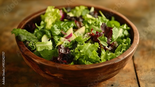 A fresh salad with mixed greens served in a rustic handcrafted bowl