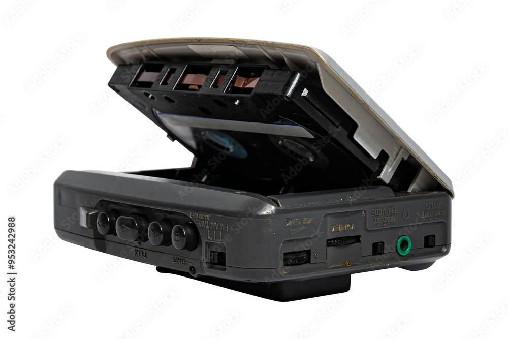 Old silver cassette player. Used. Isolated on transparent background