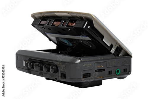 Old silver cassette player. Used. Isolated on transparent background