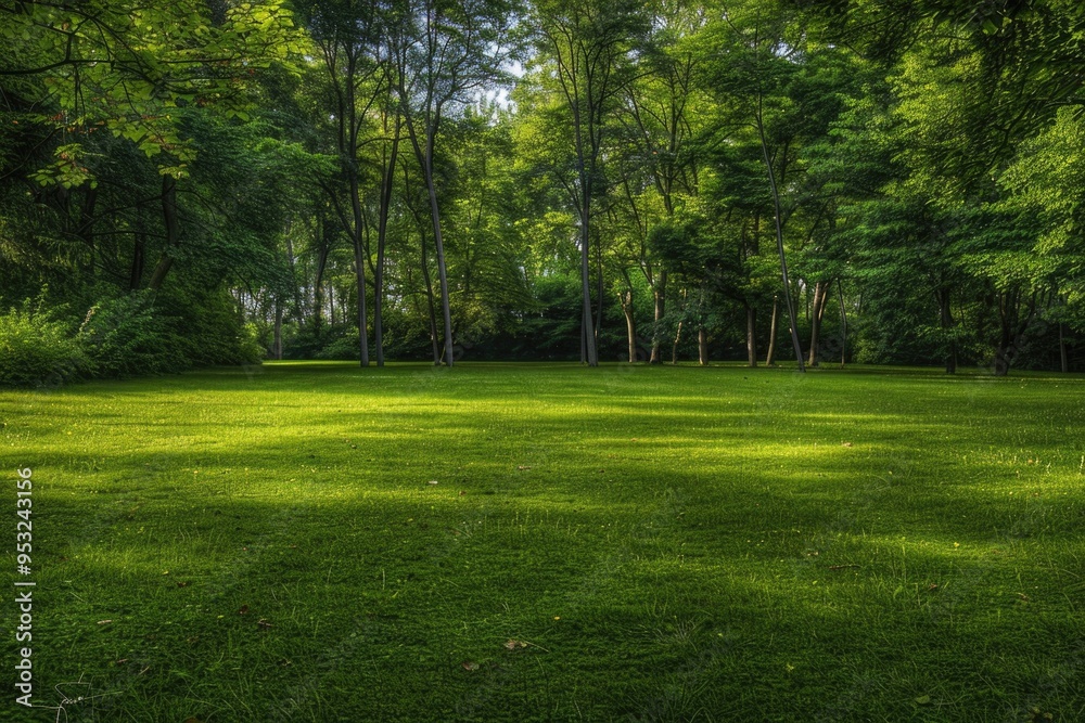 Fototapeta premium A serene landscape featuring a green field with trees in the background, suitable for use in nature-inspired designs and illustrations