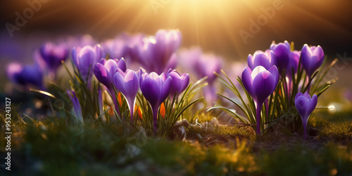 Close-up View of Blooming Purple Crocuses