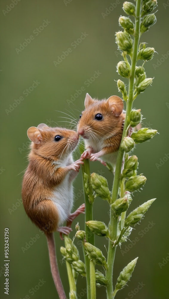 Two brown mice are sitting on a green leaf Two brown mice are sitting on a green leaf