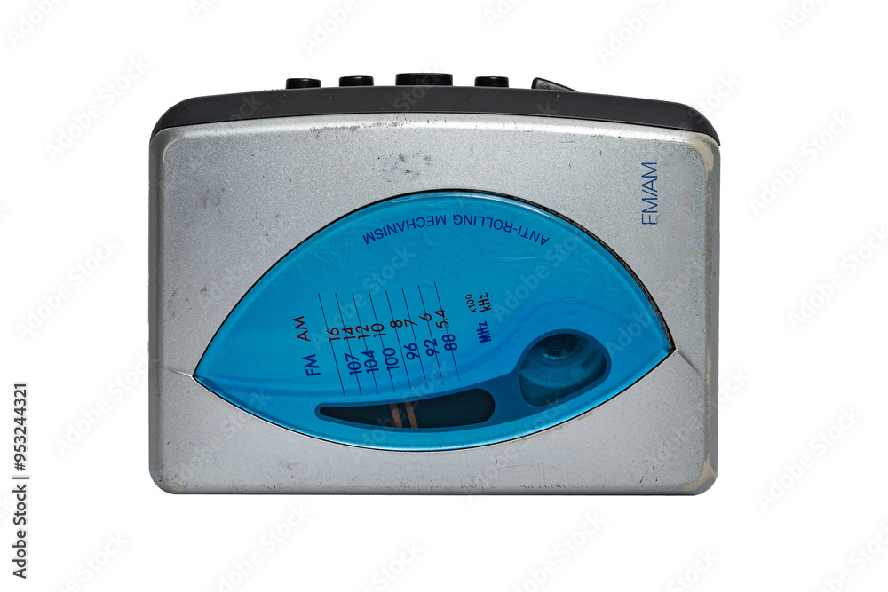 Old silver cassette player. Used. Isolated on transparent background