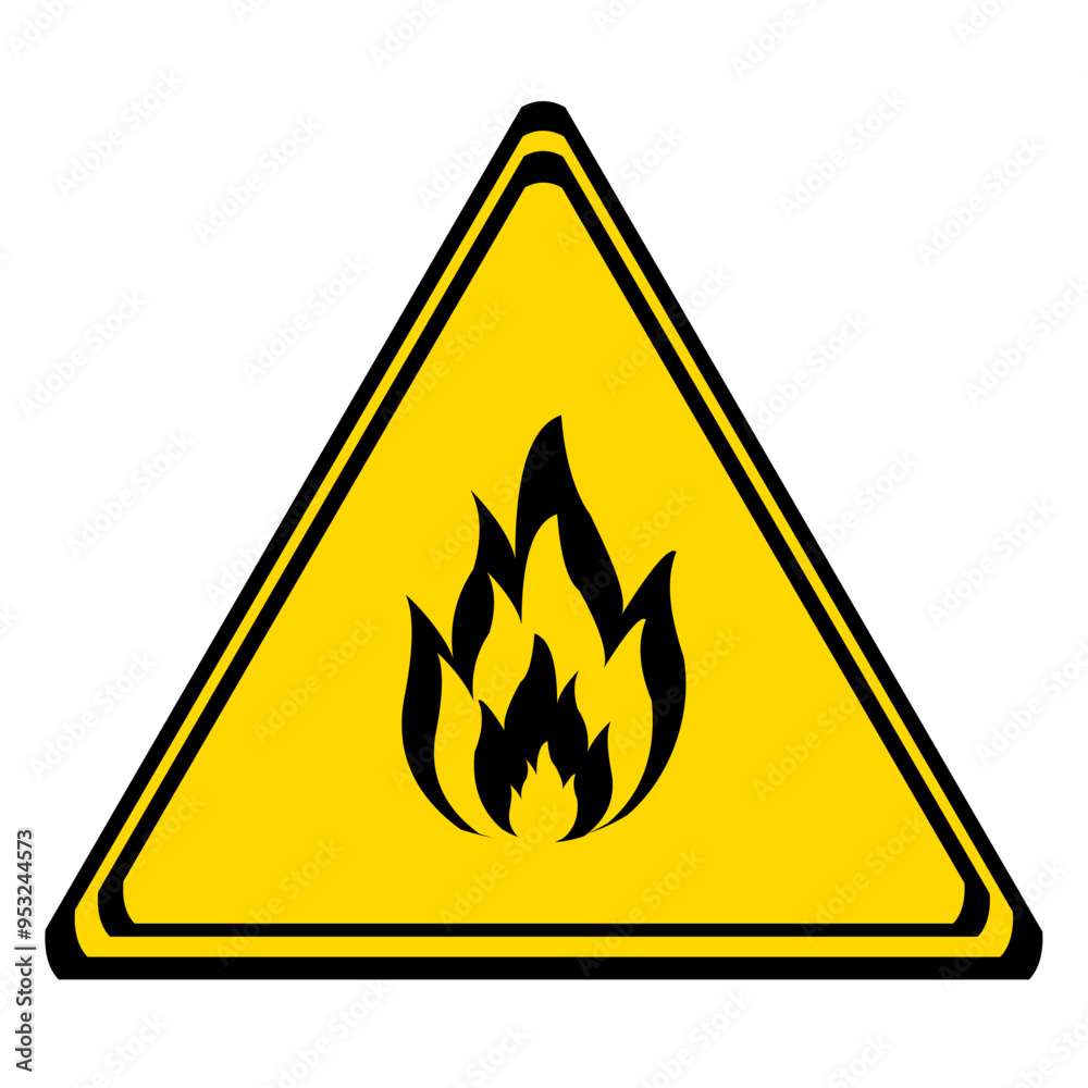 fire danger sign on a yellow triangular board. flammable. fire danger sign on a yellow triangular board. flammable.