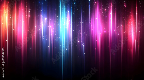 Abstract colorful lines with glowing effect and scattered particles on a dark background.