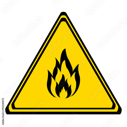 fire danger sign on a yellow triangular board. flammable.