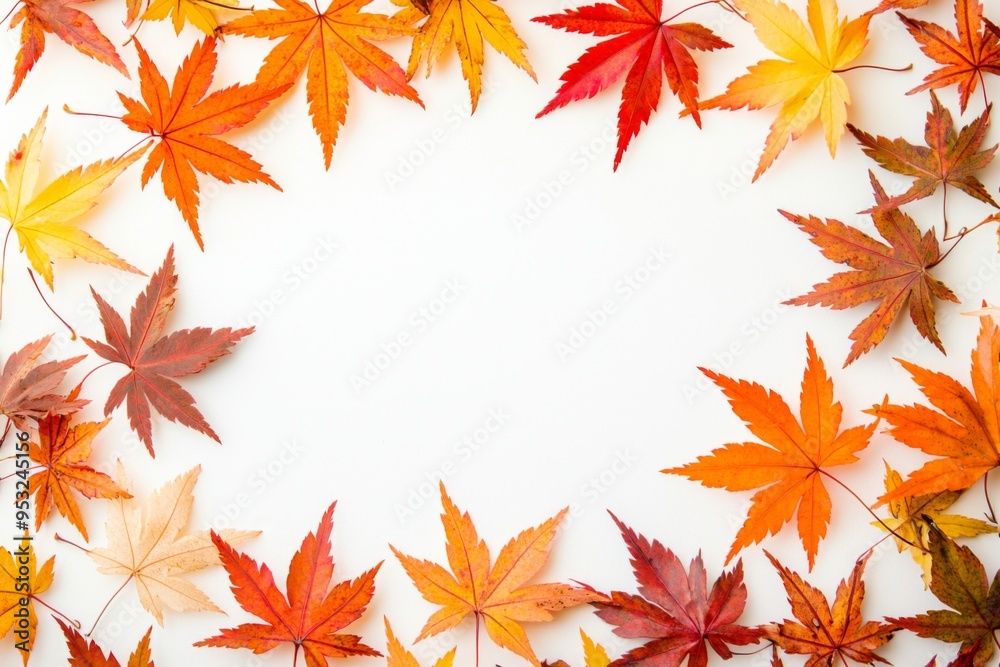Autumn Maple Leaves Flat Lay White Background created with Generative AI Autumn Maple Leaves Flat Lay White Background created with Generative AI