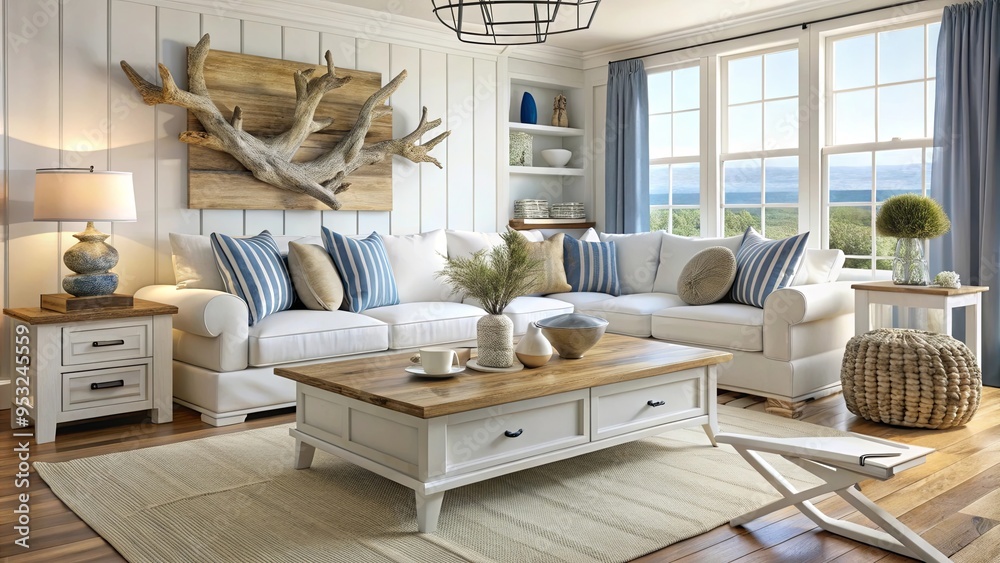 Living room with white furniture, driftwood coffee table, and nautical accents Living room with white furniture, driftwood coffee table, and nautical accents