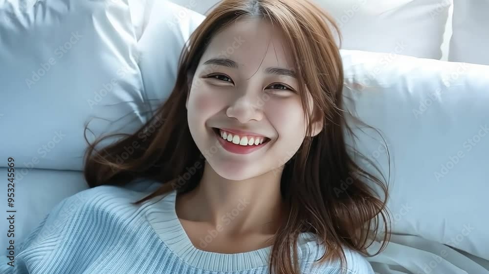 A young woman smiles brightly while lying in bed. She is wearing a light blue sweater and has long brown hair. The bed is white and there is a window in the background.