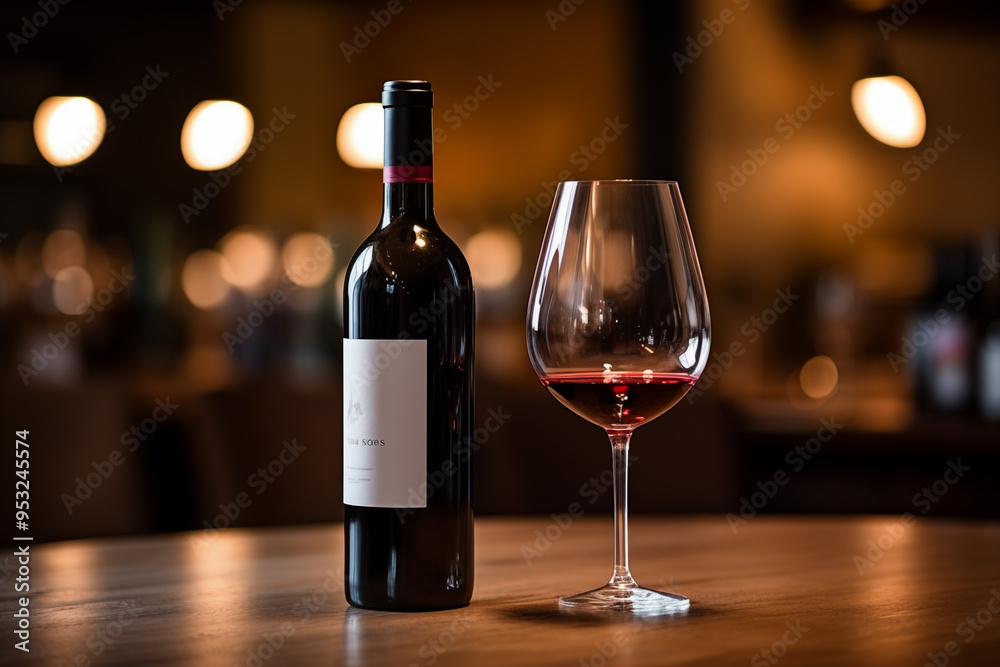 bottle of red wine next to half filled wine glass on wood table dim soft light with bokeh restaurant interior background bottle of red wine next to half filled wine glass on wood table dim soft light with bokeh restaurant interior background