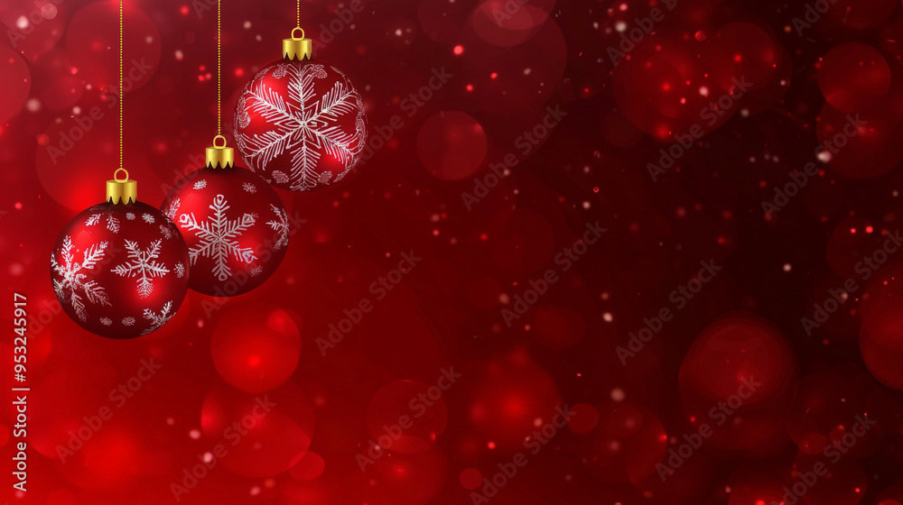 This vibrant red Christmas background features four elegant hanging Christmas balls and delicate snowflakes, creating a festive atmosphere. Generative AI This vibrant red Christmas background features four elegant hanging Christmas balls and delicate snowflakes, creating a festive atmosphere. Generative AI