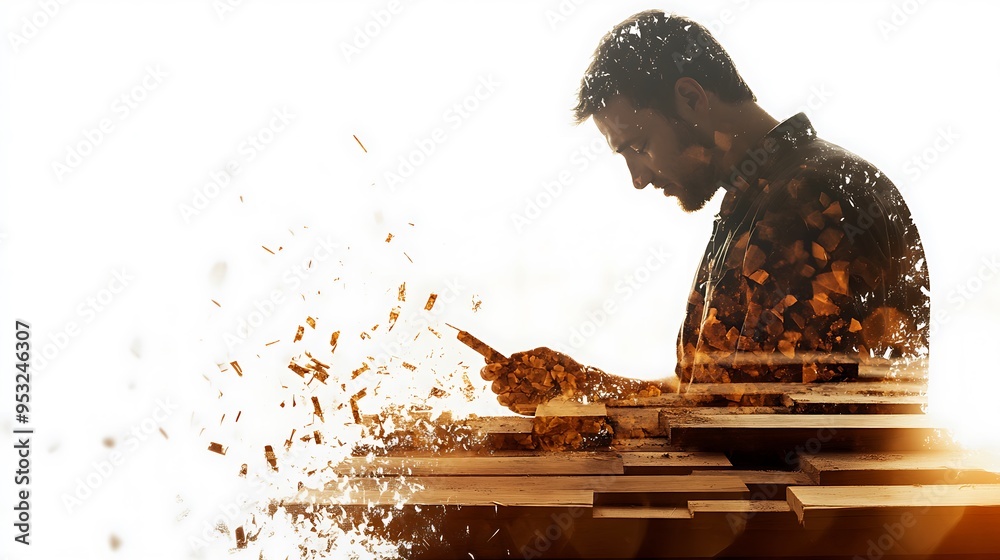 Fototapeta premium Craftsmanship in Action: Carpenter Silhouette with Tools in Wood Workshop