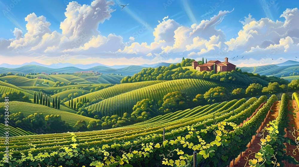 Naklejka premium hills and vineyard wallpaper