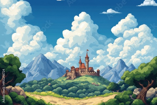 Enchanting Pixel Art Castle in 16-Bit Colors - Retro Fantasy Game Landscape photo