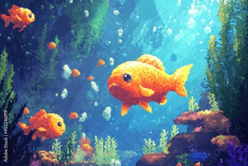 Retro Gaming Adventure in a Pixelated Underwater World - Discover Hidden Treasures and Colorful Fish