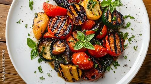 A simple dish of grilled vegetables garnished with fresh herbs on a white plate