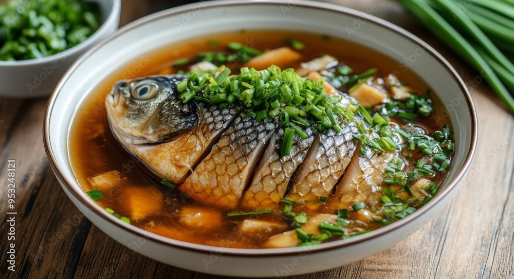 Freshly prepared whole fish soup garnished with herbs served in a beautiful bowl Freshly prepared whole fish soup garnished with herbs served in a beautiful bowl
