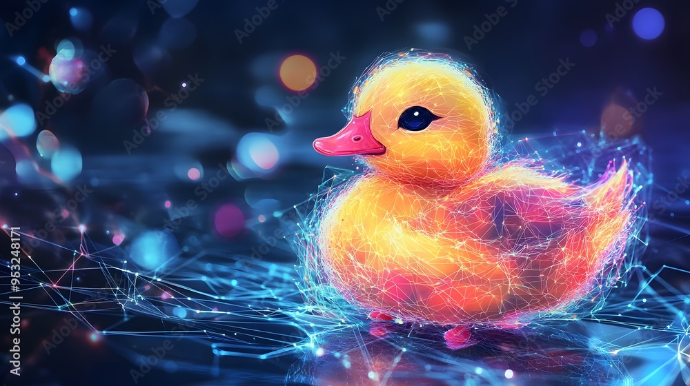 digital baby duck designed with a holographic abstract interface, featuring glowing feathers and a pixelated outline digital baby duck designed with a holographic abstract interface, featuring glowing feathers and a pixelated outline