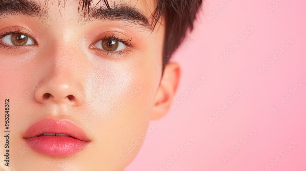 Breaking Beauty Norms: Gender-Fluid Young Man Applying Subtle Makeup Blush, Beauty Redefined Breaking Beauty Norms: Gender-Fluid Young Man Applying Subtle Makeup Blush, Beauty Redefined
