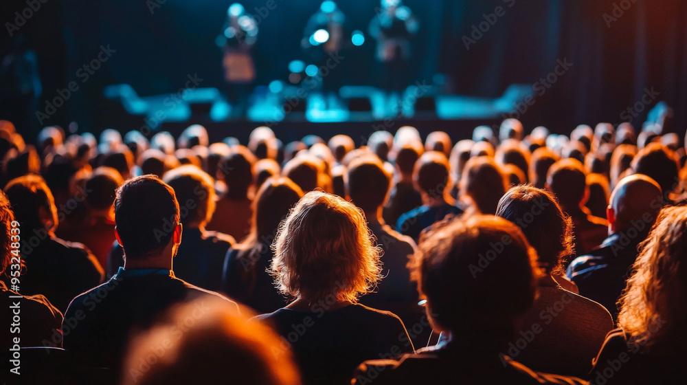 Obraz premium This photograph captures a dense crowd of people from behind as they focus intently on a stage in the foreground. Generative AI