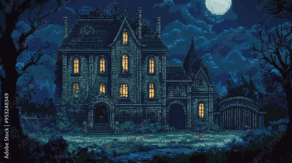 Retro 8-Bit Pixel Art of Haunted Pixelated Mansion in Classic Spooky Adventure Game Style Retro 8-Bit Pixel Art of Haunted Pixelated Mansion in Classic Spooky Adventure Game Style
