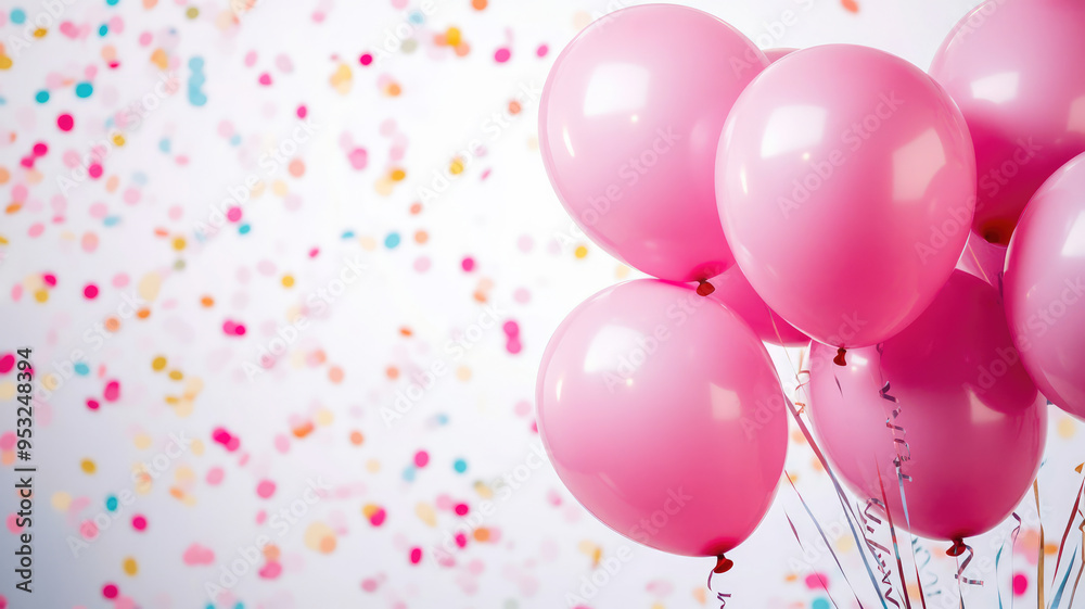 pink balloons and confetti background with copy space, high definition photo pink balloons and confetti background with copy space, high definition photo