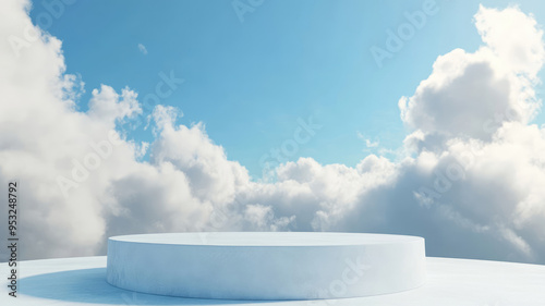 3d render of a cloud background podium with blue sky, ideal for product displays. dreamy and minimalistic scene perfect for showcasing items, detailed high resolution photo