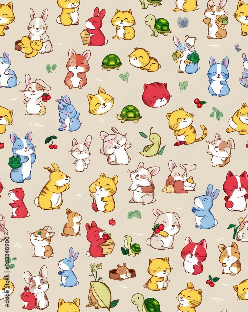 Fototapeta premium A cartoonish pattern of animals, including rabbits, cats, and turtles. Images and textures tileable, tileable pictures. background