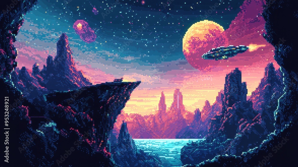 Fototapeta premium Retro Pixel Galaxy Exploration: 8-bit Spaceship in Cosmic Adventure