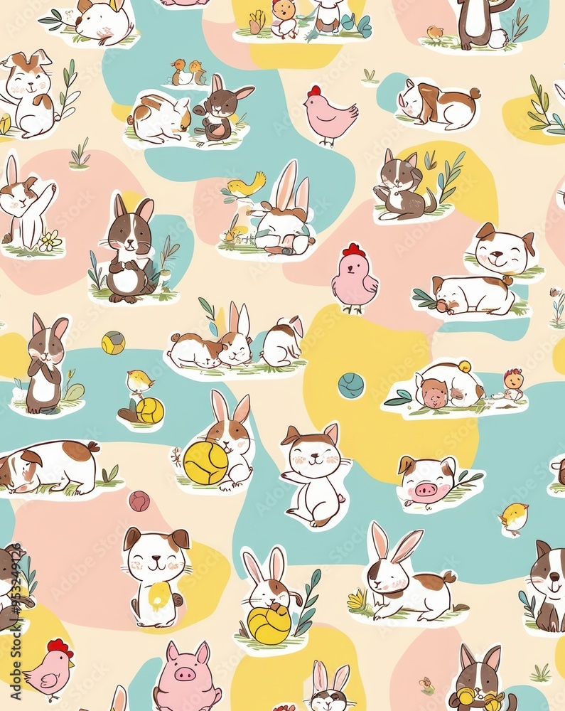 A colorful and playful scene of various animals, including rabbits, chickens. Images and textures tileable, tileable pictures. background A colorful and playful scene of various animals, including rabbits, chickens. Images and textures tileable, tileable pictures. background