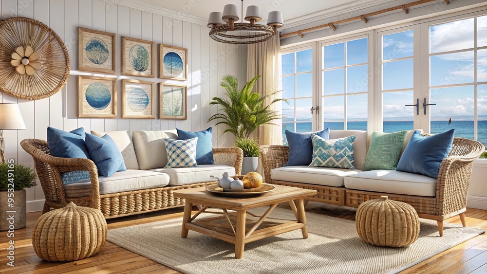 Cozy coastal living room with rattan chairs, blue throw pillows, and seashell decor Cozy coastal living room with rattan chairs, blue throw pillows, and seashell decor