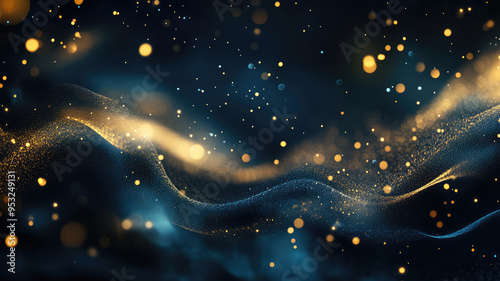 abstract dark blue and gold background with sparkling lights and smoky texture, detailed high definition image photo