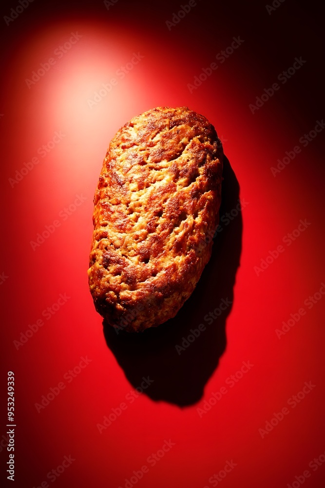 Naklejka premium Delicious Grilled Meat Patty On Red Background