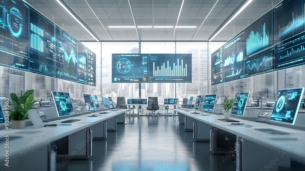 Fototapeta premium Modern Office Interior with Data Analysis Displays