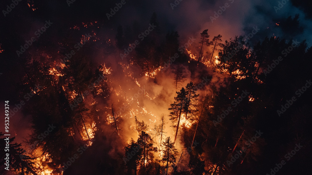 A dramatic drone shot capturing the intensity of a nighttime forest fire. Generative AI A dramatic drone shot capturing the intensity of a nighttime forest fire. Generative AI