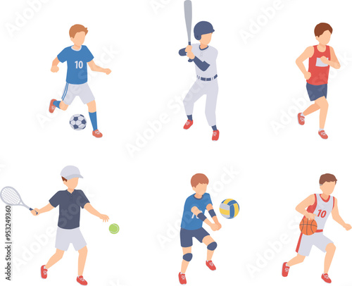 スポーツをする男性のアイソメトリックイラストセット