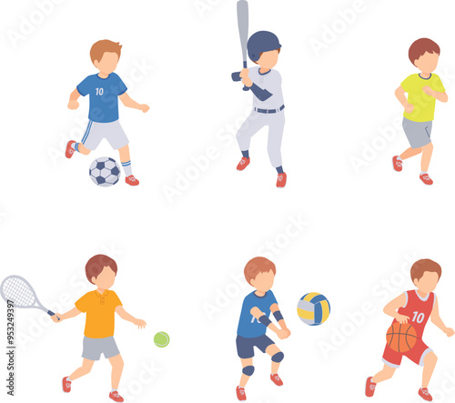 スポーツを楽しむ男の子のアイソメトリックイラスト