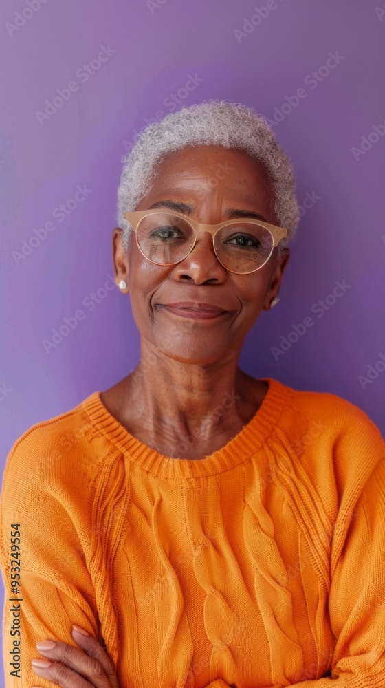 A woman with glasses and a bright orange sweater is smiling A woman with glasses and a bright orange sweater is smiling
