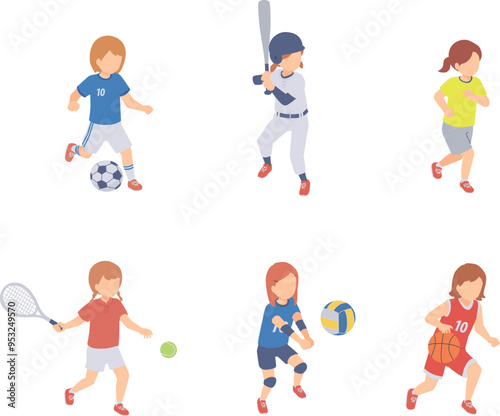 スポーツを楽しむ女の子のアイソメトリックイラスト