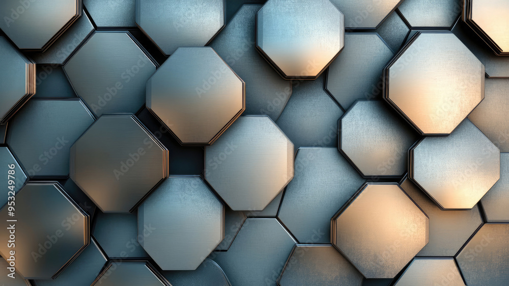 Naklejka premium close-up of metallic hexagonal tiles creating a modern, abstract pattern. perfect for backgrounds and design projects, high definition image