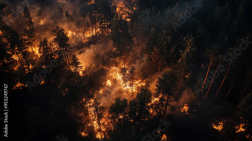 A dramatic drone shot capturing the intensity of a nighttime forest fire. Generative AI photo